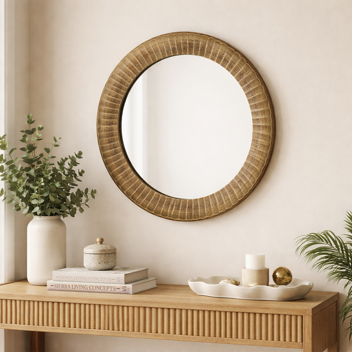 Thorold Gold Finish Ribbed Frame Round Wall Mirror
