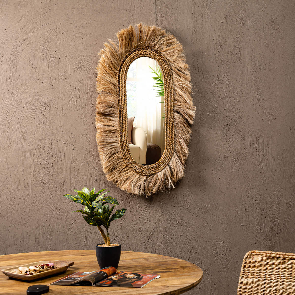 Lavaltrie Abaca with Banana Leaf Fringed Oval Boho Mirror