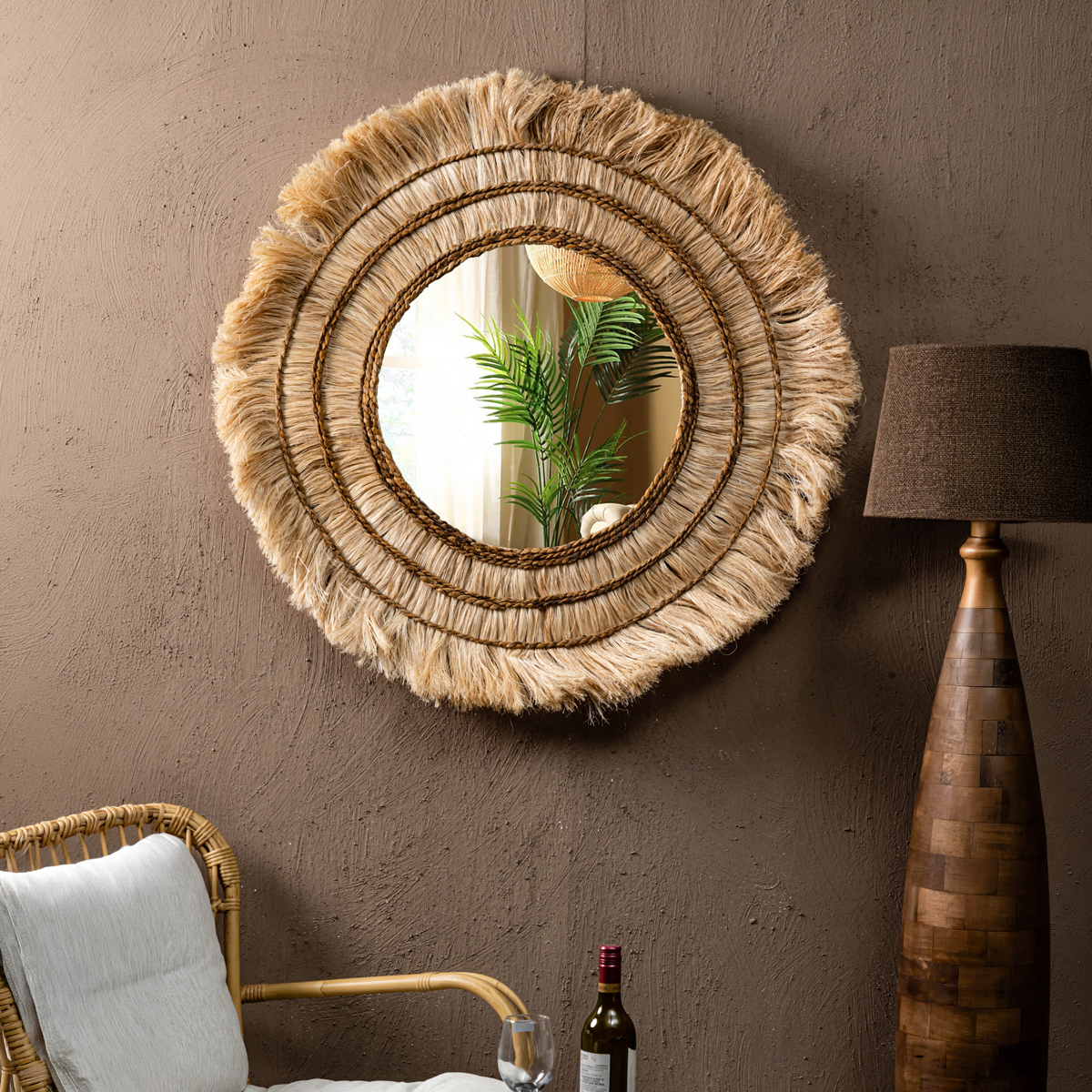 Cowansville Abaca with Banana Leaf Round Boho Mirror