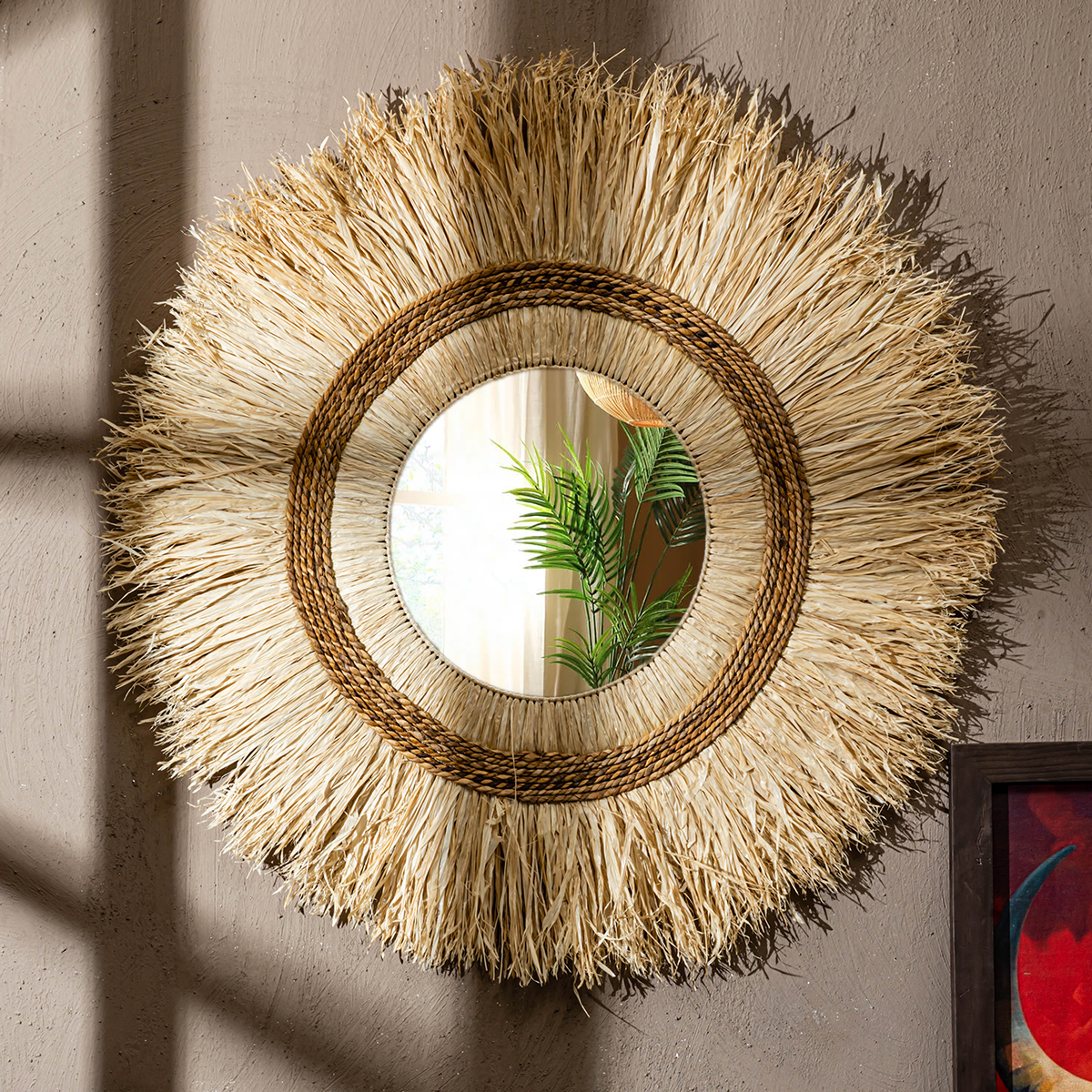 Mercier Sisal & Banana Leaf Boho Round Sunburst Mirror