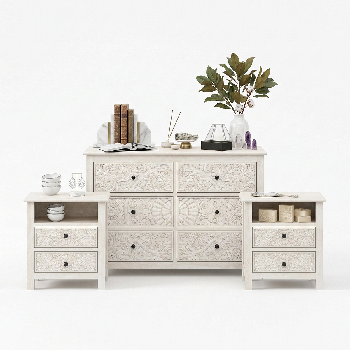 Calistoga Carved White Bedroom Dresser and Nightstand Set