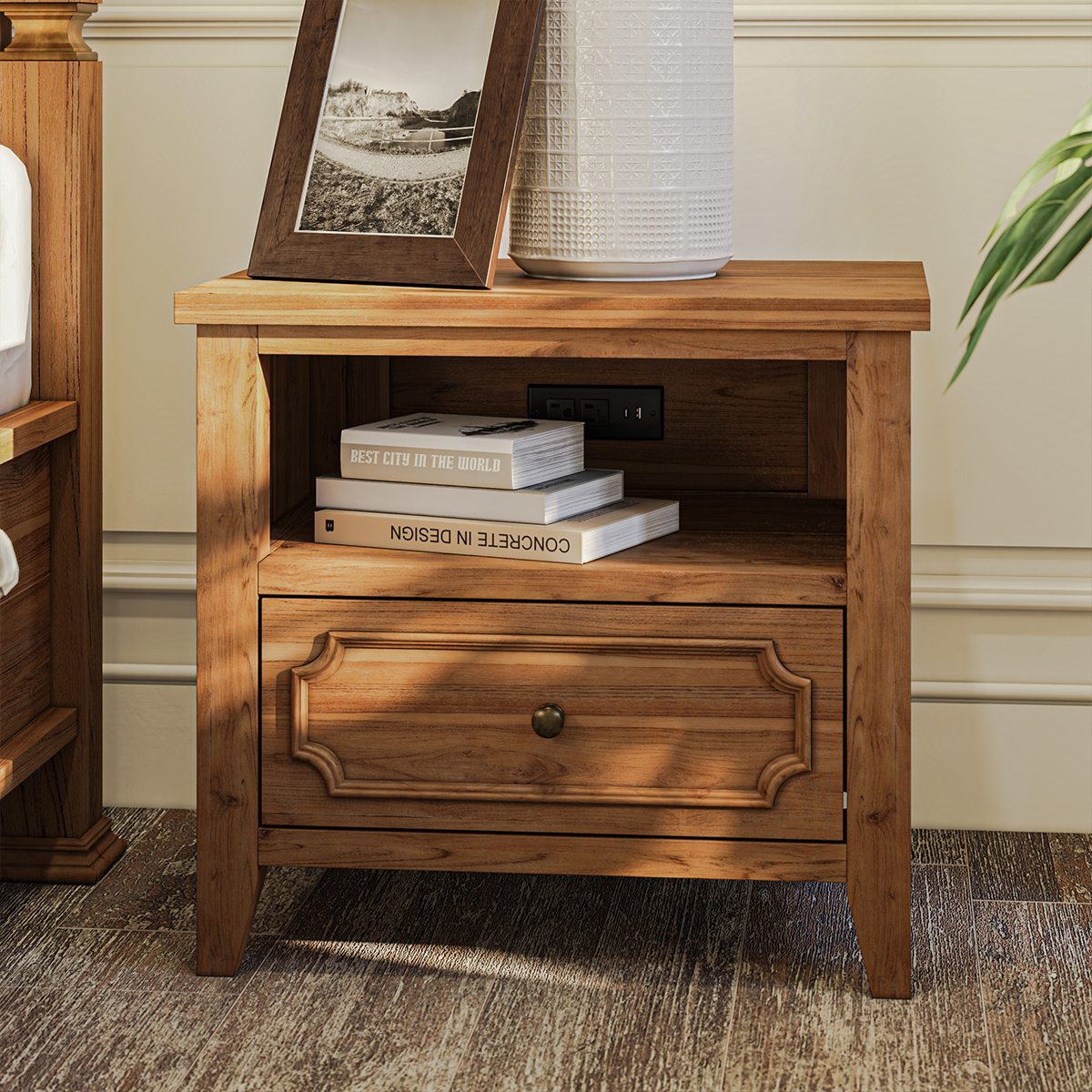 Milipitas Solid Wood Nightstand with Drawer & Power Outlet