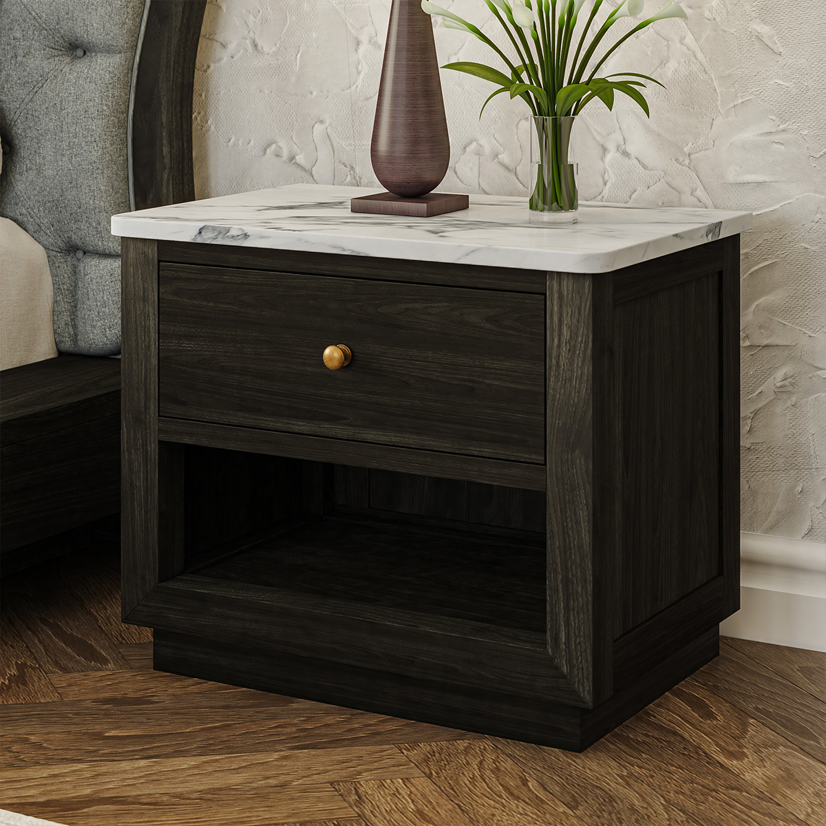 Timmins Rustic Marble Top Nightstand with Drawer and Shelf