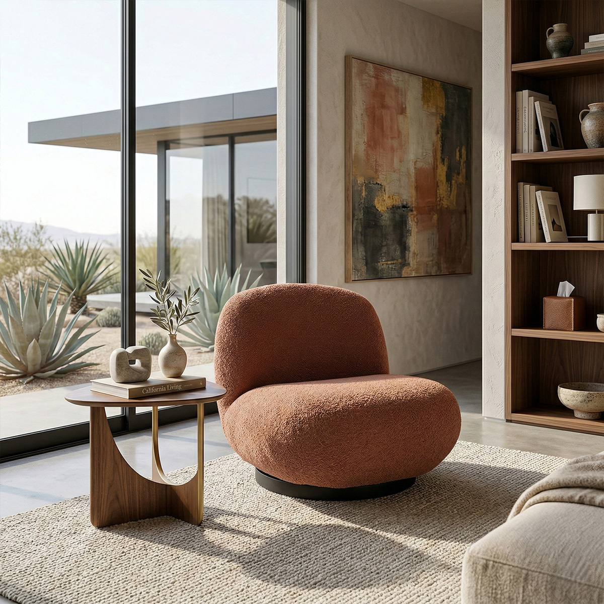 Amqui Rose Brown Curved Back Modern Armless Sofa