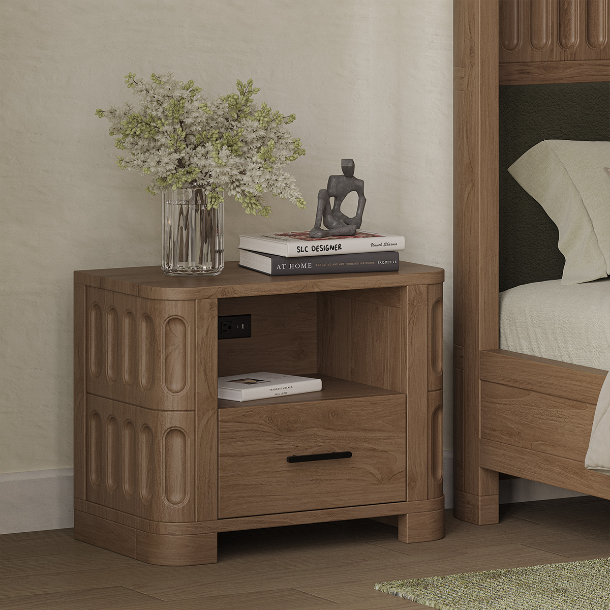 Innisfil Modern Curved Nightstand with Drawers and Shelf