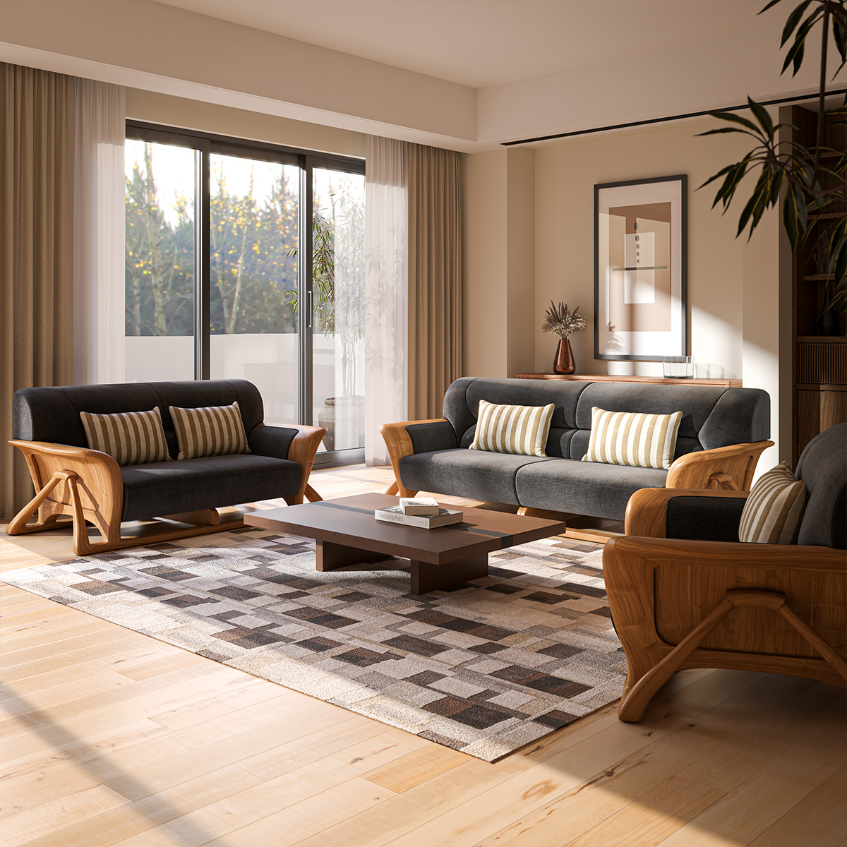 Pierre Mid Century Scandinavian 3 Piece Sofa Set for Living Room