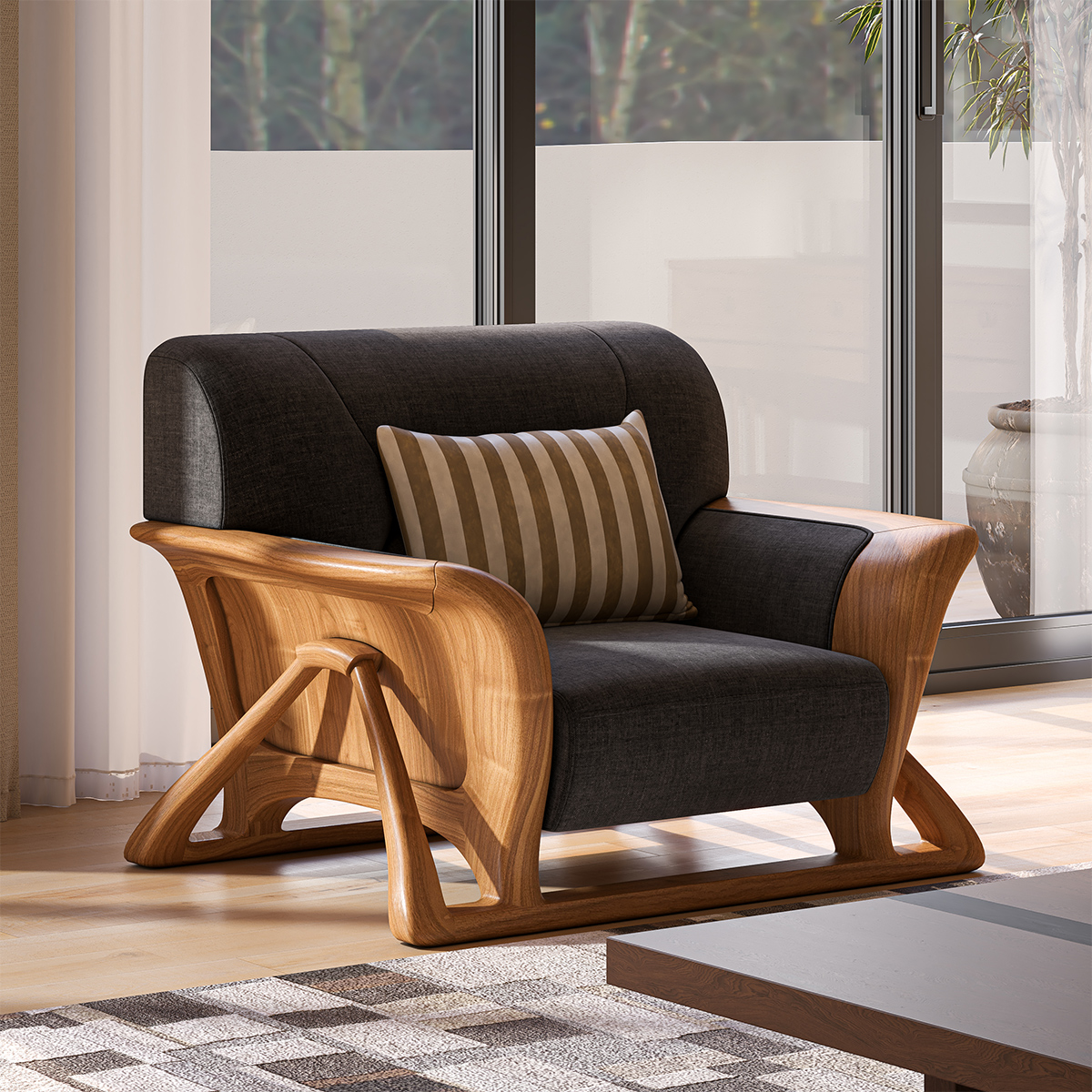 Pierre Wood & Velvet Mid Century Scandinavian Single Seater Sofa