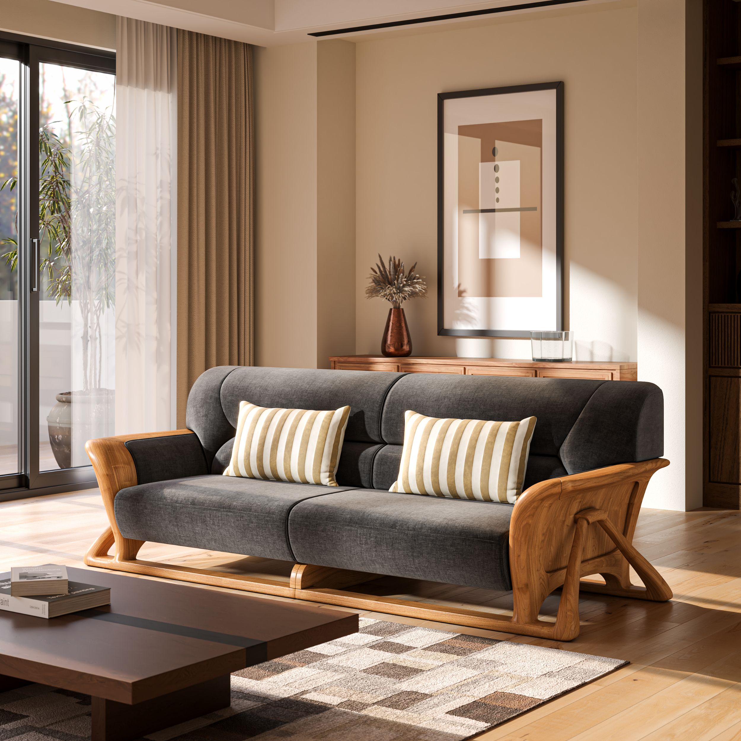 Pierre Wood & Velvet Mid Century Scandinavian Three Seater Sofa