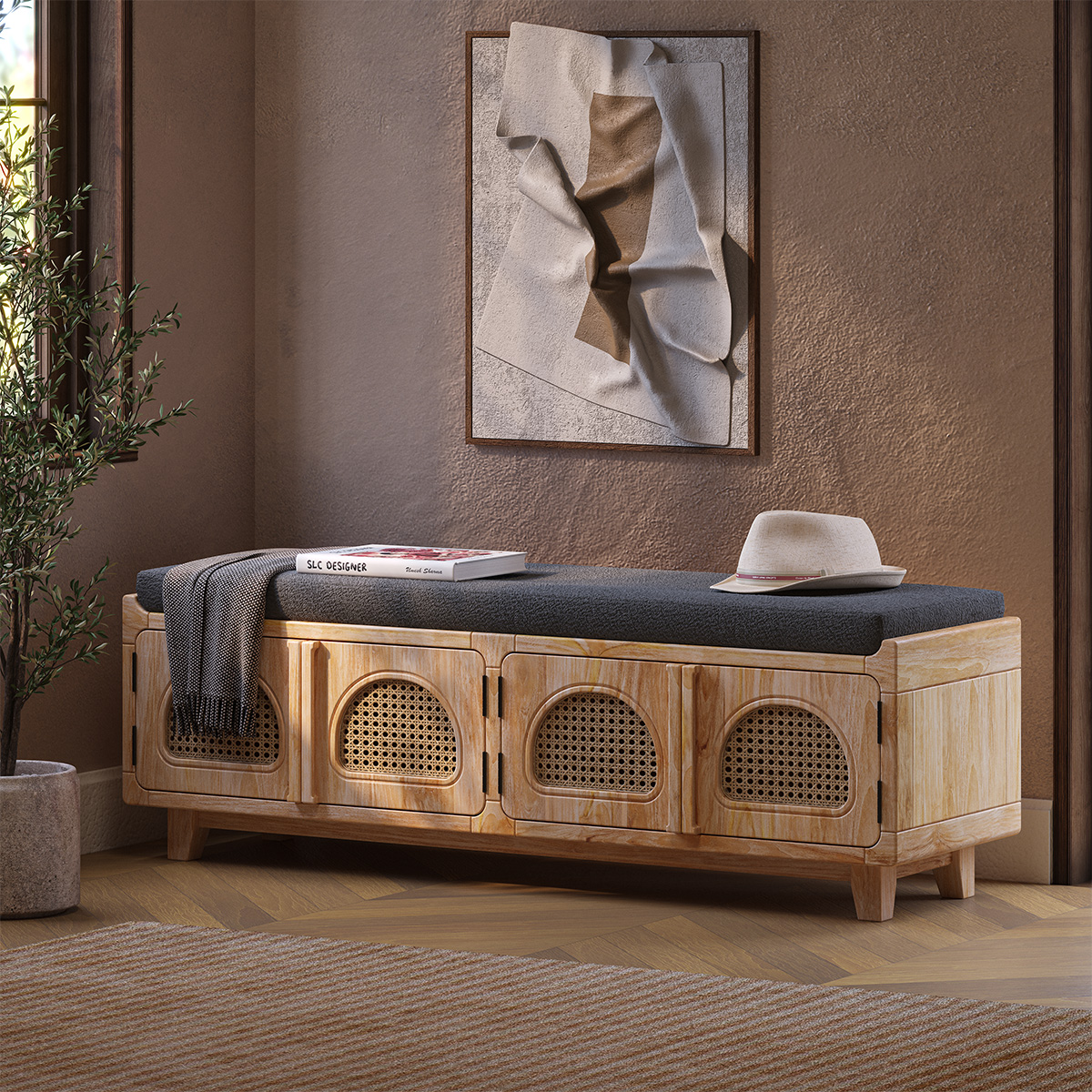 Norfolk Wood & Rattan Upholstered Entryway Bench with Storage
