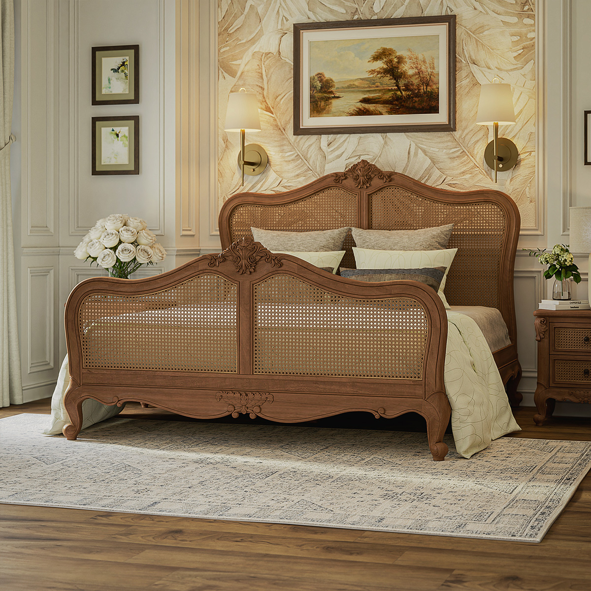 Gilbert French Provincial Rattan & Wood Bed Frame