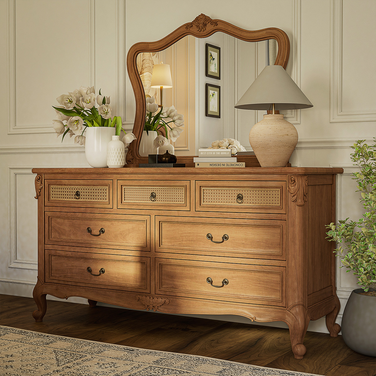 Gilbert French Provincial Wood & Rattan 7 Drawer Dresser