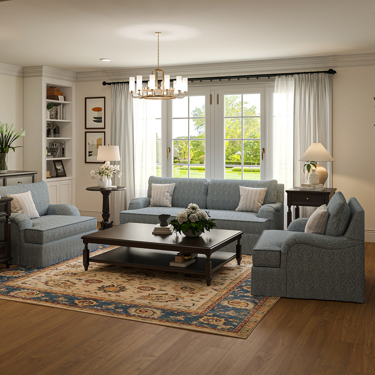 Augusta Patterned Skirted 3 Piece Sofa Set for Living Room