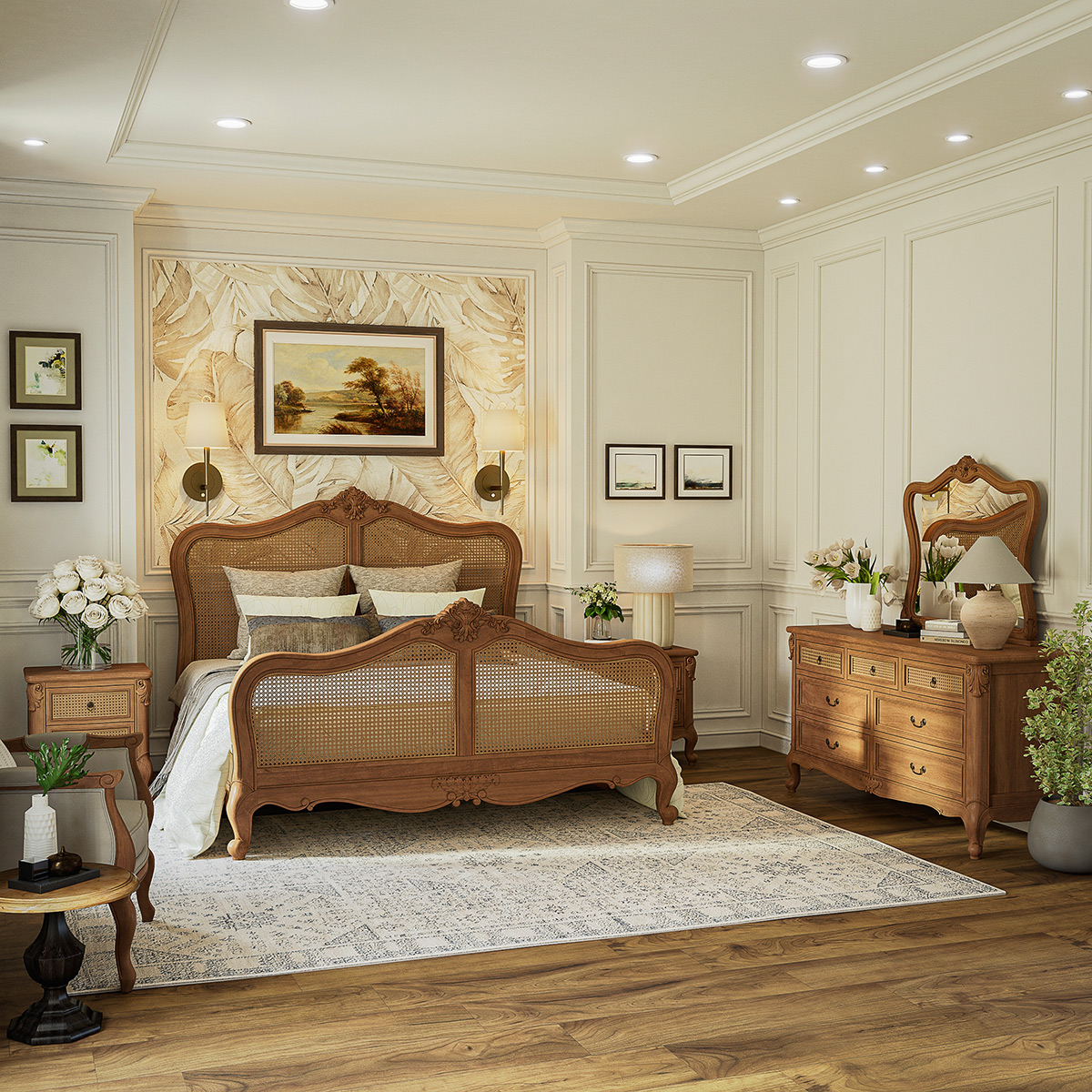 Gilbert French Provincial Rattan & Wood 4 Piece Bedroom Set