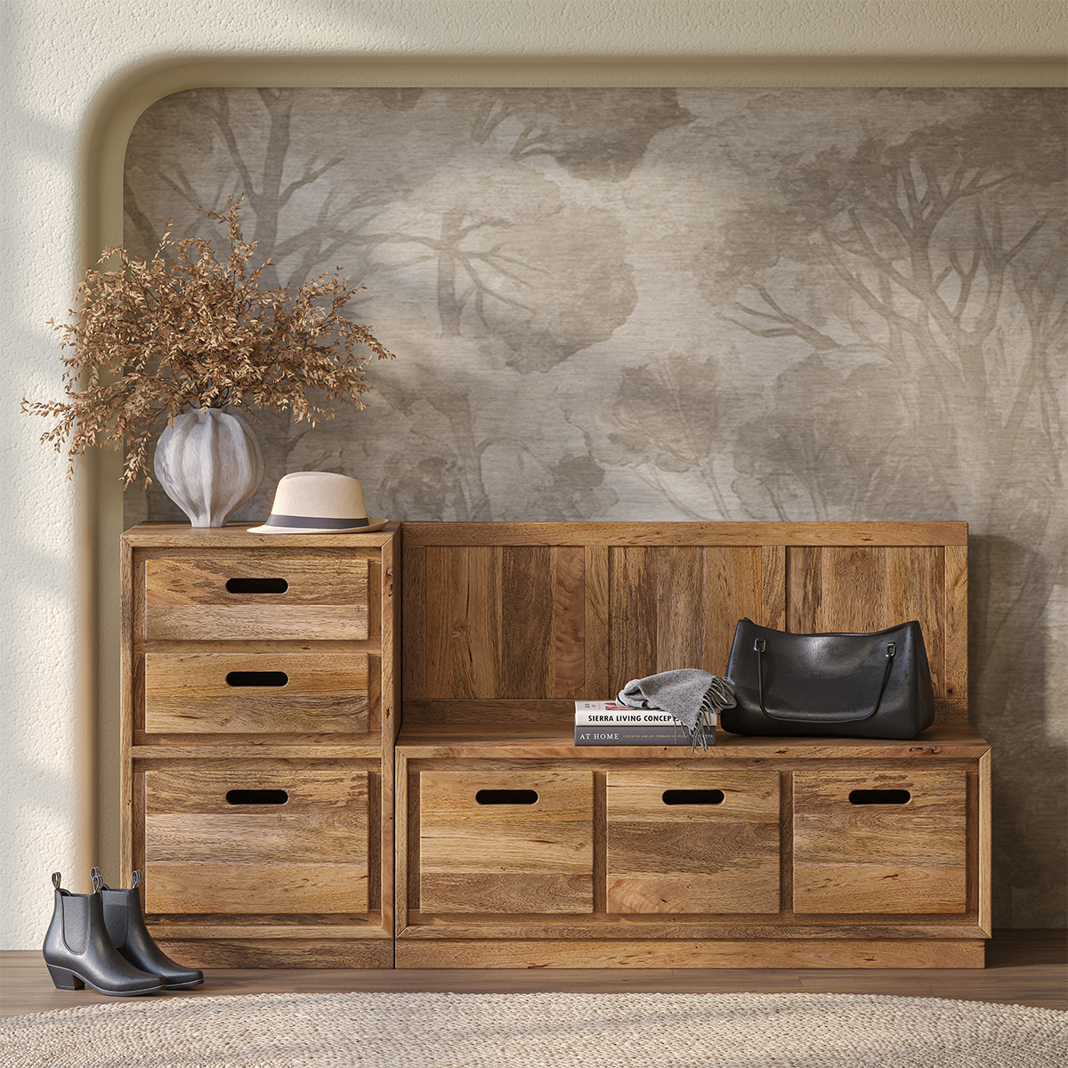 Flint Farmhouse Style Solid Wood Entryway Bench with Storage