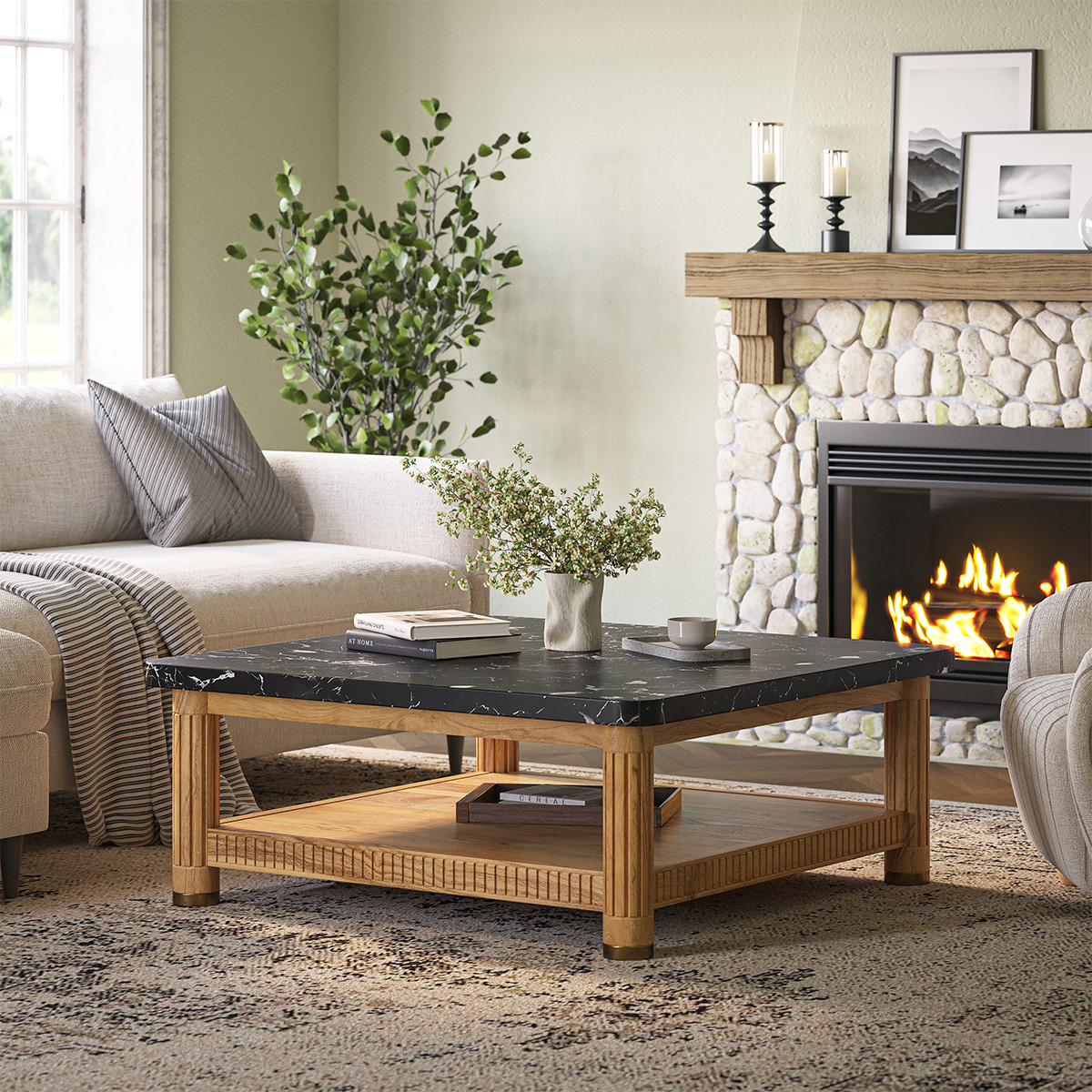 Treme Black Marble Top Large 2 Tier Square Coffee Table