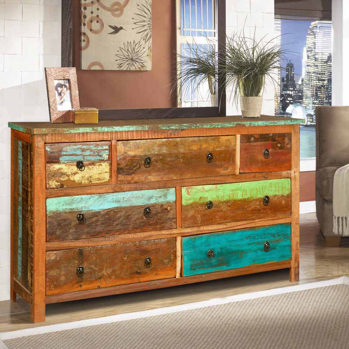 Rustic Reclaimed Wood Large Bedroom Dresser With 7 Drawers