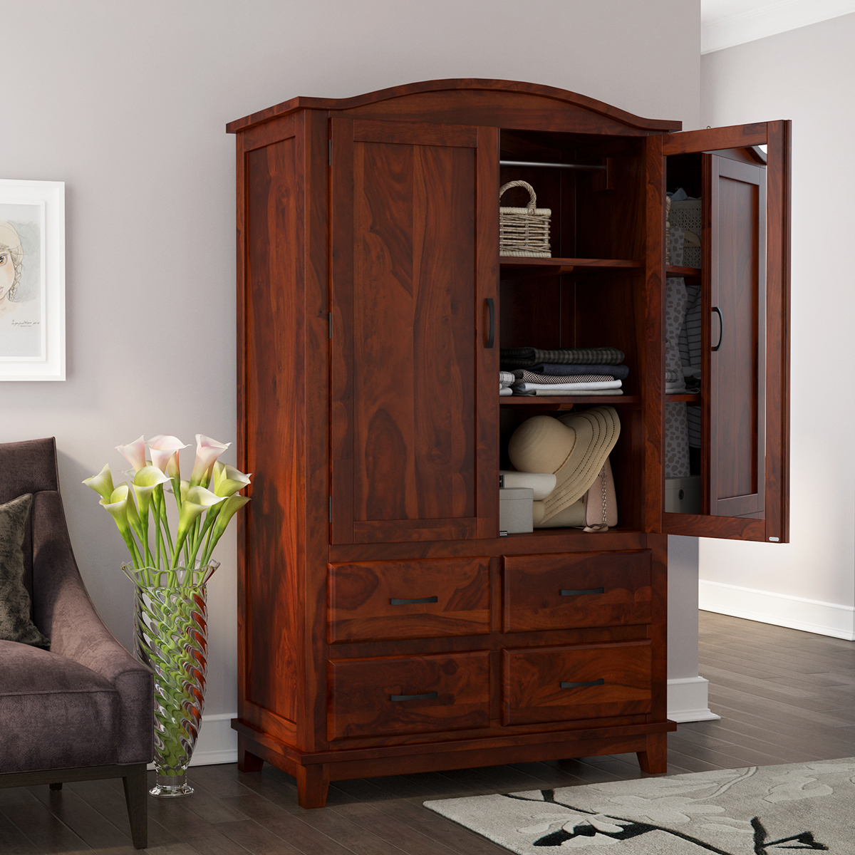 Hemet Wooden Arched Mirrored Armoire