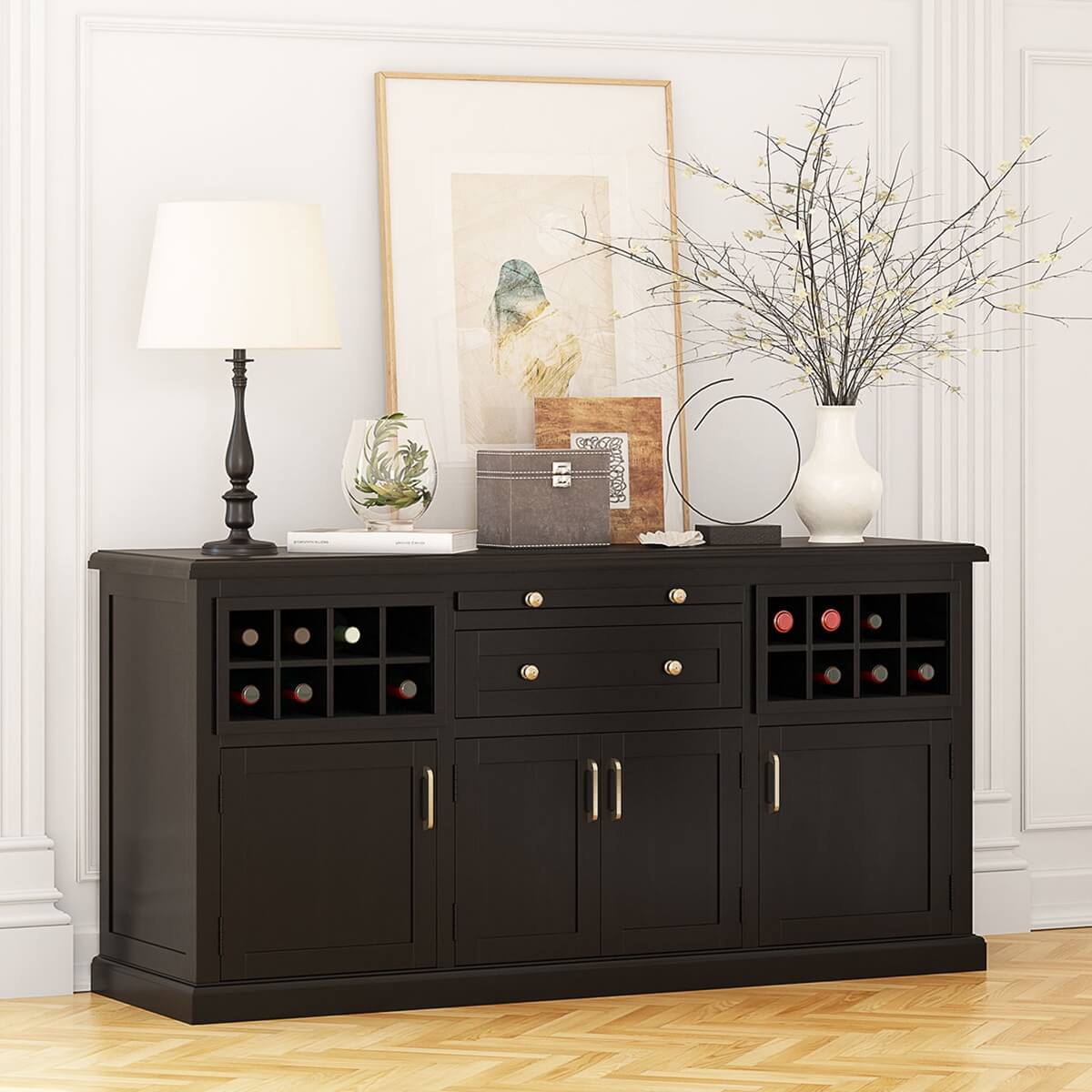 Nevada Solid Wood Black Bar Buffet Sideboard with Wine Rack